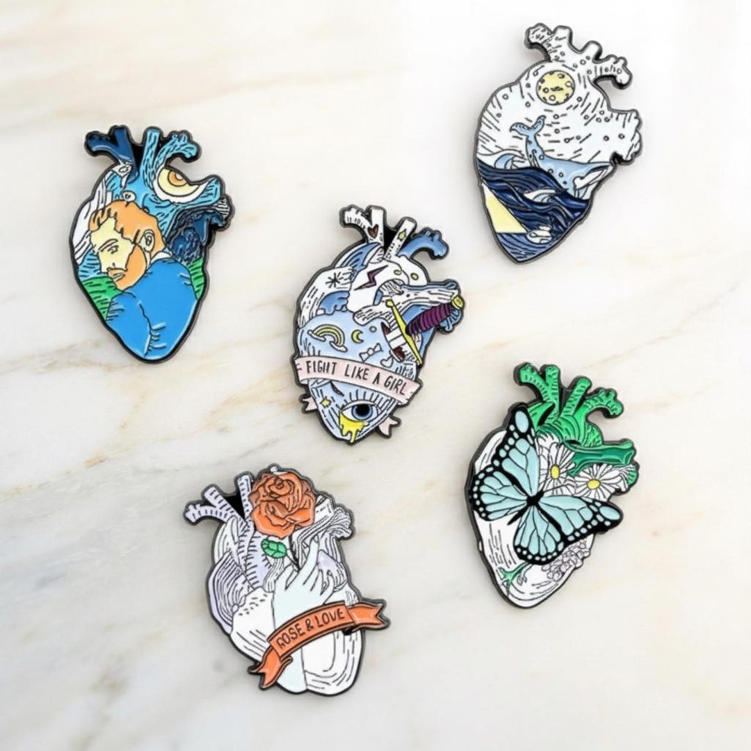 Anatomical Heart Enamel Pin Set, Floral Butterfly Ocean Art Heart ...