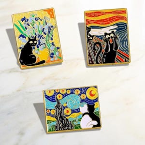 Conjunto de pines esmaltados de gatos de pinturas famosas, broche artístico inspirado en Van Gogh, pin de solapa de gato negro, regalo de museo, pin de chaqueta de artista.
