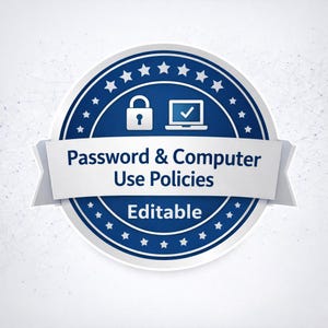 May include: A blue and white circular badge with the text "Password & Computer Use Policies" on a white banner. The badge features a lock and a laptop icon, and the word "Editable" is at the bottom.