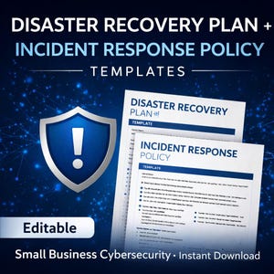 Könnte beinhalten: Eine digitale Grafik mit dem Text "DISASTER RECOVERY PLAN + INCIDENT RESPONSE POLICY TEMPLATES." Enthält ein blaues Schild mit einem Ausrufezeichen und zwei Dokumentvorlagen. Die Wörter "Editable" und "Small Business Cybersecurity" sind ebenfalls vorhanden.