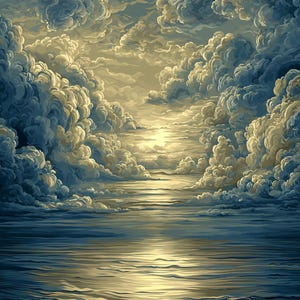 May include: A framed artwork depicting a seascape with a dramatic sky. The painting features a serene ocean reflecting the golden light of the sun breaking through fluffy, cloud-filled skies. The frame is a light, neutral color.