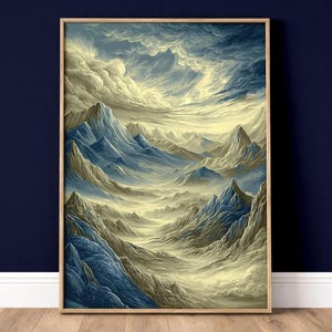 May include: A framed art print depicting a mountain landscape with blue and tan hues. The artwork features detailed brushstrokes, capturing the texture of the mountains and the sky. The frame is a light wood color, adding a natural touch to the piece.