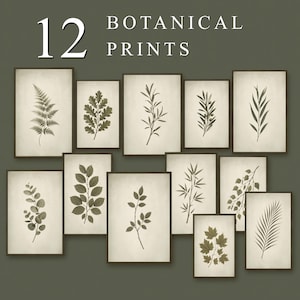 Vintage Green Gallery Wall Art Set of 12, Botanical Leaf Prints, Digital Download
