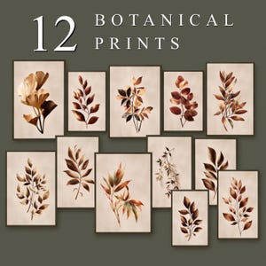 Puede incluir: Doce impresiones botánicas enmarcadas con ilustraciones de acuarela de hojas y flores en tonos marrones, dorados y verdes. Las impresiones están dispuestas sobre un fondo verde oscuro. El texto "12 BOTANICAL PRINTS" está en la parte superior.