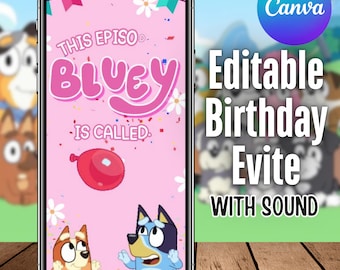Invito di compleanno di Bluey, invito video di Bluey, invito di Bluey, video di invito animato di Bluey, invito video digitale di compleanno, modificabile con Canva