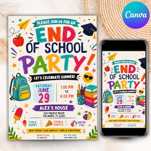 Può includere: Un colorato invito per una festa di fine scuola, con la scritta "End of School Party!" e grafiche a tema estivo. Include data, ora, luogo e informazioni RSVP. Uno smartphone mostra lo stesso design.