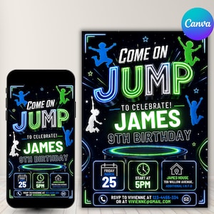 Puede incluir: Una invitación digital para un noveno cumpleaños con texto estilo neón que dice Come On Jump To Celebrate James 9th Birthday. El diseño incluye siluetas de niños saltando, un gráfico de trampolín y detalles del evento para el 25 de marzo.