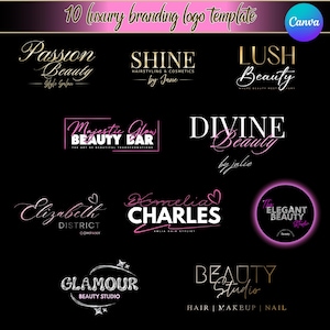 May include: A collection of ten luxury branding logo templates on a black background. The logos feature elegant fonts and designs, with accents of gold, pink, and white. The text includes names like "Passion Beauty," "Shine," and "Glamour Beauty Studio."