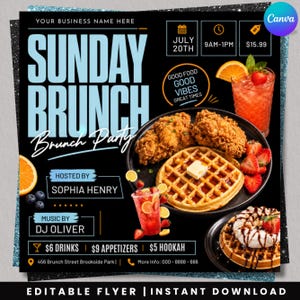 May include: A digital flyer for a Sunday Brunch party featuring text that reads Sunday Brunch, hosted by Sophia Henry, with music by DJ Oliver. The design displays fried chicken, waffles with butter, and red cocktails garnished with strawberries.