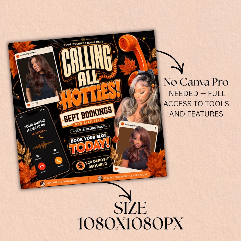 September Booking Flyer, September flyer, Fall Booking Flyer, September Books Open, Wig Install, Lash Nail Braids Flyer, Editable in Canva