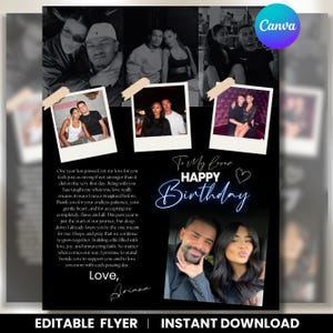 May include: Black birthday flyer with multiple photos of couples, including a photo of a couple in the bottom right corner. The text reads "To My lover, Happy Birthday" and "Love, Ariana". The flyer is labeled "Editable Flyer | Instant Download".