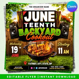 Puede incluir: Un folleto promocional para una barbacoa de Juneteenth, con las palabras "June Teenth Backyard Cookout". El folleto muestra una parrilla con comida, altavoces y la fecha, miércoles 19 de junio, a partir de las 11 AM. También se incluyen las redes sociales.