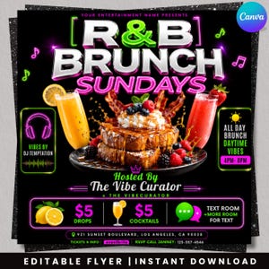 Puede incluir: Un folleto digital para R&B Brunch Sundays con una torre de tostadas francesas cubiertas con nata montada, bayas y tocino. Se ven dos vasos de zumo, texto de neón y los detalles del evento, incluyendo el anfitrión, la ubicación y el contacto.