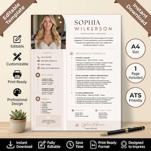 May include: A professional resume template in A4 size featuring a beige and white layout with a photo placeholder of a person, contact details, professional experience, education, and skills sections, including a black pen on the surface.