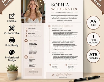May include: A professional resume template in A4 size featuring a beige and white layout with a photo placeholder of a person, contact details, professional experience, education, and skills sections, including a black pen on the surface.