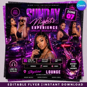 May include: A purple and black flyer promoting a "Sunday Nights Experience" event at Skyline Lounge. The flyer features images of women, cars, and text including "Live DJ Performance," "Drinks," and "Free Entry for Ladies."