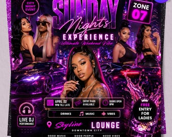 Sunday Party Flyer Template, Club Promotion Flyer, Neon Bar Urban Party Template, Sunday Club Flyer, DIY Event Party Flyer, Canva Editable