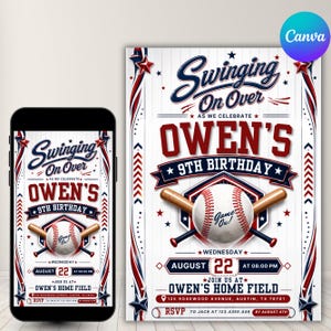 Puede incluir: Una invitación de cumpleaños con temática de béisbol con el texto Swinging On Over As We Celebrate Owen's 9th Birthday. El diseño incluye una pelota de béisbol, dos bates cruzados y los detalles del evento el 22 de agosto a las 20:00.