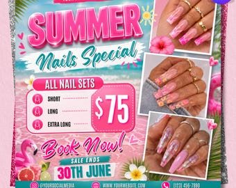 Rea-flyer för sommarnaglar, rea-flyer för sommarrea, rea-flyer för nageltekniker, erbjudande om nageldeal, bokningsflyer för naglar, redigerbar reklamflyer för nageltider i Canva