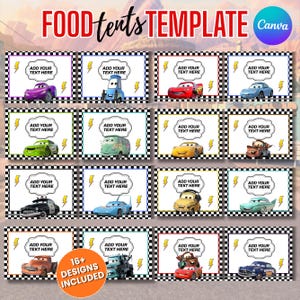 May include: A digital food tent template featuring 16 rectangular cards with checkered borders. Each card displays a unique cartoon car character, a lightning bolt icon, and a speech bubble containing the text ADD YOUR TEXT HERE.