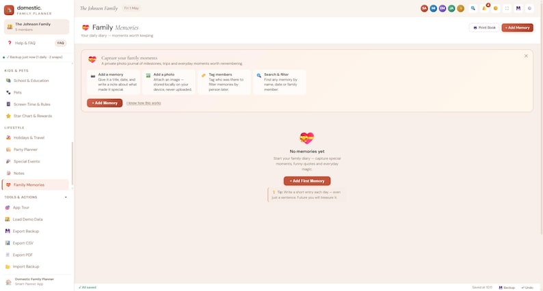 May include: A digital interface for the Domestic Family Planner application showing the Family Memories dashboard. The screen features a sidebar with navigation options, a header with The Johnson Family text, and a main area prompting users to add memories with buttons for adding photos, tagging members, and searching. A heart icon sits above the No memories yet text.