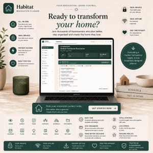 Puede incluir: Un ordenador portátil que muestra el panel del planificador de reformas Habitat, rodeado de texto informativo sobre sus funciones, como privacidad, acceso sin conexión y herramientas de organización para proyectos de reforma, en tonos verde oscuro y crema.