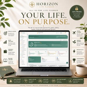 May include: A laptop displaying the Horizon Life Planner dashboard with green and white interface elements. The screen shows goals, habits, and finance tracking. Surrounding text highlights features like privacy, offline access, and goal management.