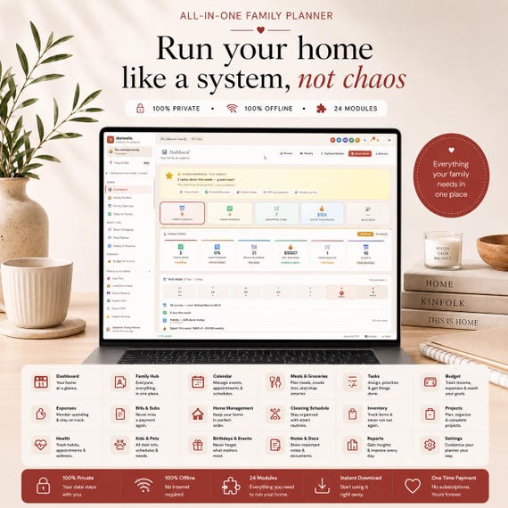 All-in-One Family Planner App | 100% Offline & Private | Budget, Meals, Tasks, Kids, Home Organizer | Digital Download