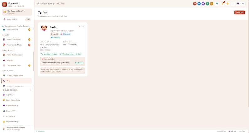 May include: A digital interface for a family planner application displaying a pet profile card for Buddy, a Golden Retriever. The screen shows pet details including age, microchip number, vet practice information, and a medication schedule for flea treatment.