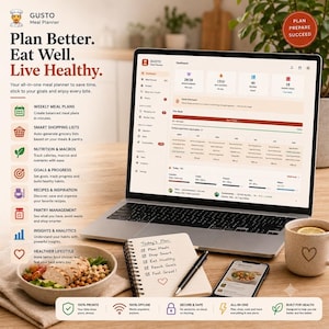 May include: A laptop displaying the Gusto Meal Planner dashboard with text reading Plan Better. Eat Well. Live Healthy. A spiral notebook with a handwritten Today's Plan list, a smartphone, a bowl of food, and a mug are arranged on a wooden surface.