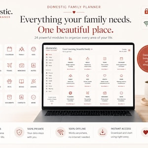 May include: A digital family planner displayed on a laptop screen, featuring 24 organisational modules including finance, meals, tasks, and health. The interface uses a clean, white layout with red icons and text, emphasising privacy and offline access.