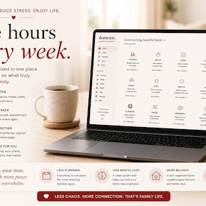 May include: A laptop displaying the Domestic Family Planner interface with categories for finance, meals, tasks, and health. The screen shows text including Save hours every week and Reclaim your time. A coffee mug sits beside the laptop on a desk.