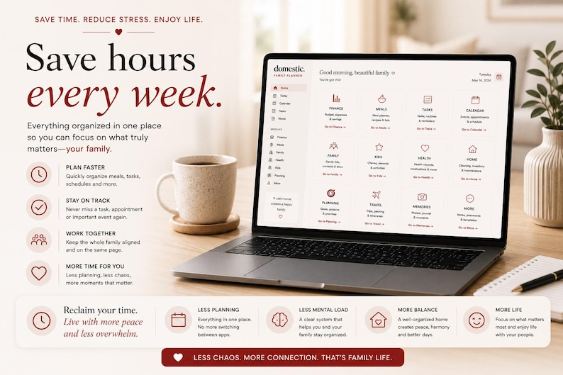 May include: A laptop displaying the Domestic Family Planner interface with categories for finance, meals, tasks, and health. The screen shows text including Save hours every week and Reclaim your time. A coffee mug sits beside the laptop on a desk.