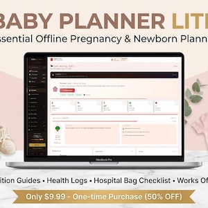 Privézwangerschapstracker en babyplanner: offline digitaal dagboek. Ziekenhuistas, geboorteplan, naamzoeker (html-app)