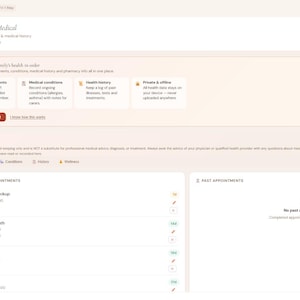 May include: A digital interface for the Domestic Family Planner application, specifically the Health & Medical section. The screen displays a dashboard for managing appointments, medical conditions, and health history with a sidebar navigation menu.