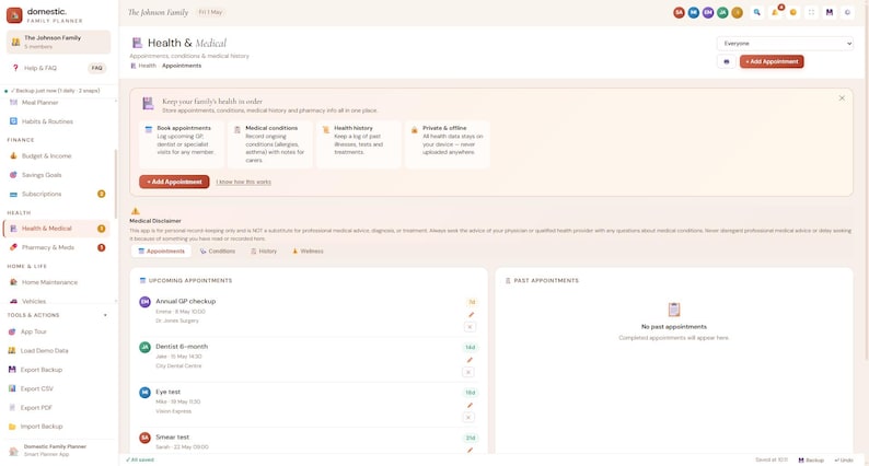May include: A digital interface for the Domestic Family Planner application, specifically the Health & Medical section. The screen displays a dashboard for managing appointments, medical conditions, and health history with a sidebar navigation menu.