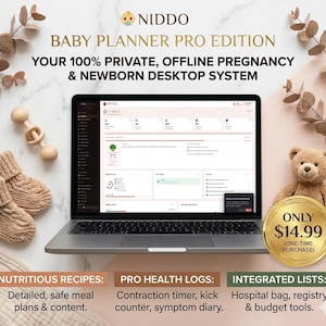 Op de afbeelding: Een laptop met een babyplanner-interface, met de tekst "NIDDO BABY PLANNER PRO EDITION". De afbeelding bevat babyslofjes, een houten rammelaar en een teddybeer. De tekst vermeldt ook "NUTRITIOUS RECIPES", "PRO HEALTH LOGS" en "INTEGRATED LISTS".