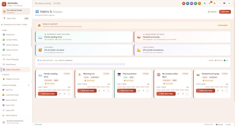 May include: A digital family planner interface titled Domestic Family Planner displaying a Habits and Routines dashboard. The screen features sections for family reading time, morning runs, piano practice, screen limits, and lunch prep tasks.