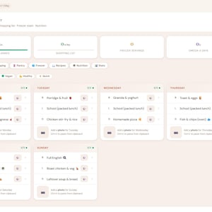 May include: A digital meal planner interface titled Domestic Family Planner, featuring a weekly schedule with daily meal entries from Monday to Sunday, navigation sidebar, and top summary cards for planned meals, shopping lists, and freezer inventory.