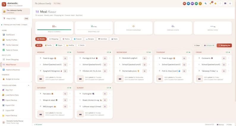 May include: A digital meal planner interface titled Domestic Family Planner, featuring a weekly schedule with daily meal entries from Monday to Sunday, navigation sidebar, and top summary cards for planned meals, shopping lists, and freezer inventory.