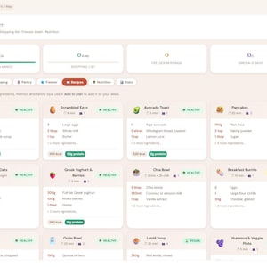 May include: A digital meal planner interface titled Domestic Family Planner, featuring a grid of recipe cards with ingredients, preparation times, and nutritional tags. The dashboard includes navigation menus for tasks, finance, and daily life management.