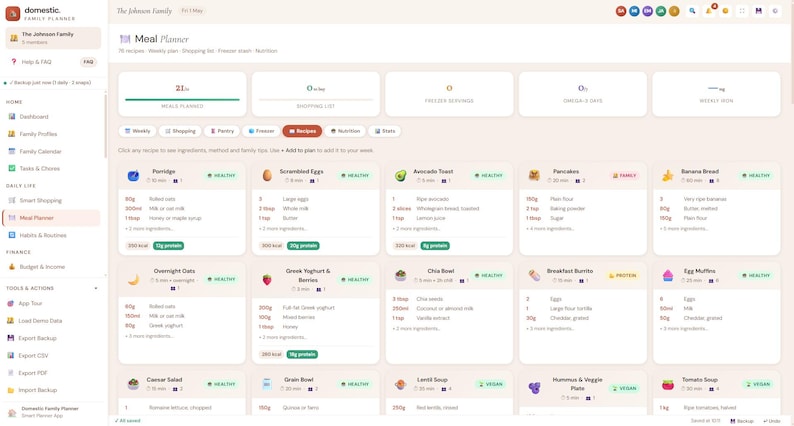 May include: A digital meal planner interface titled Domestic Family Planner, featuring a grid of recipe cards with ingredients, preparation times, and nutritional tags. The dashboard includes navigation menus for tasks, finance, and daily life management.