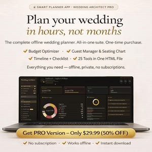 Wedding Architect PRO | Private & Offline Digital Planner App: Seating Chart, Guest Tracker, Budget, Timeline (HTML App)