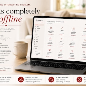 May include: A laptop displaying the Domestic Family Planner interface with a grid of categories including Finance, Meals, Tasks, and Calendar. The screen features text stating Works completely offline and 100% offline 100% reliable.