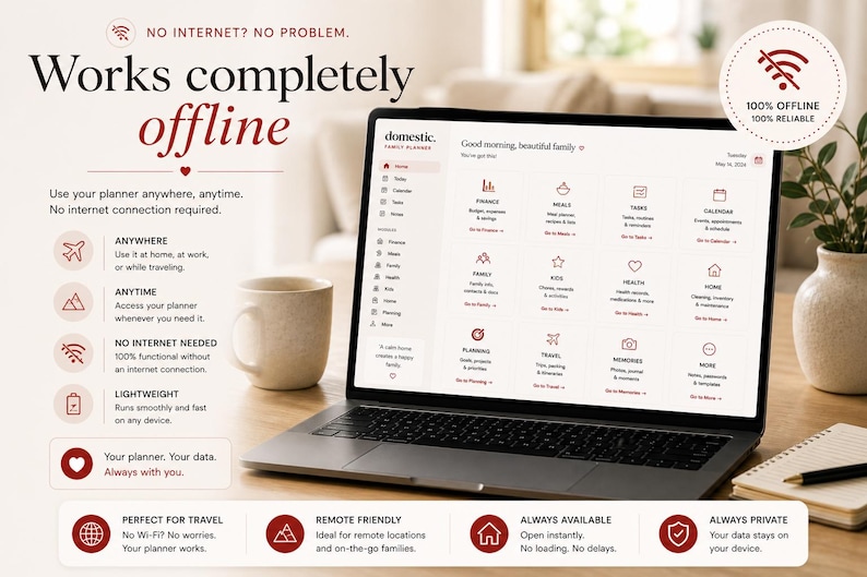 May include: A laptop displaying the Domestic Family Planner interface with a grid of categories including Finance, Meals, Tasks, and Calendar. The screen features text stating Works completely offline and 100% offline 100% reliable.