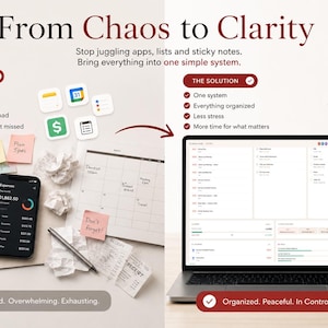 May include: A split-screen graphic titled From Chaos to Clarity. The left side shows a cluttered desk with a smartphone, a to-do list, sticky notes, and app icons. The right side displays a laptop screen showing an organised digital dashboard system.