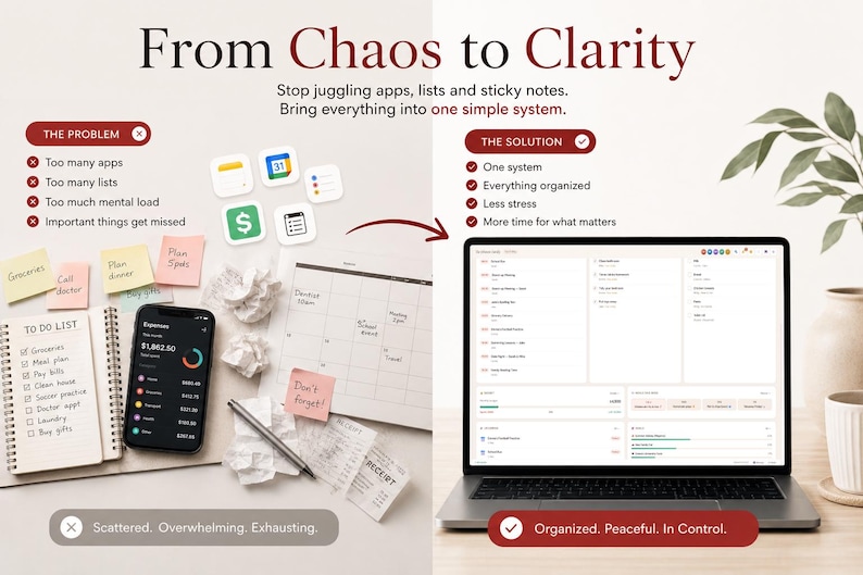 May include: A split-screen graphic titled From Chaos to Clarity. The left side shows a cluttered desk with a smartphone, a to-do list, sticky notes, and app icons. The right side displays a laptop screen showing an organised digital dashboard system.