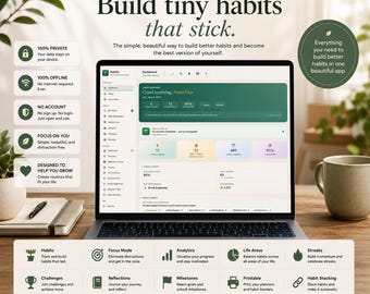 Enkel vane- och uppgiftsspårare | Interaktiv daglig rutinbyggare, målspårningsinstrumentpanel, digital livsplanerare-app | Offline och privat