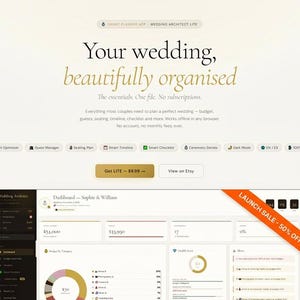 Puede incluir: Interfaz de sitio web con el texto "Your wedding, beautifully organised." La interfaz incluye un panel con datos financieros, un gráfico circular y una pancarta "Launch Sale - 50% Off".
