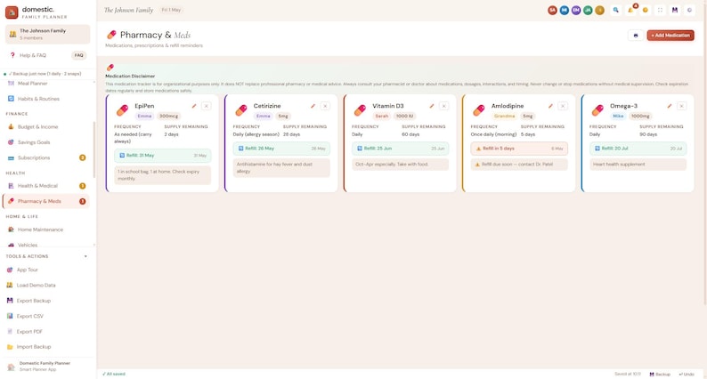 May include: A digital dashboard titled Pharmacy & Meds displaying a medication tracker for The Johnson Family. The interface features five individual cards for EpiPen, Cetirizine, Vitamin D3, Amlodipine, and Omega-3, each listing frequency, supply remaining, and refill dates.